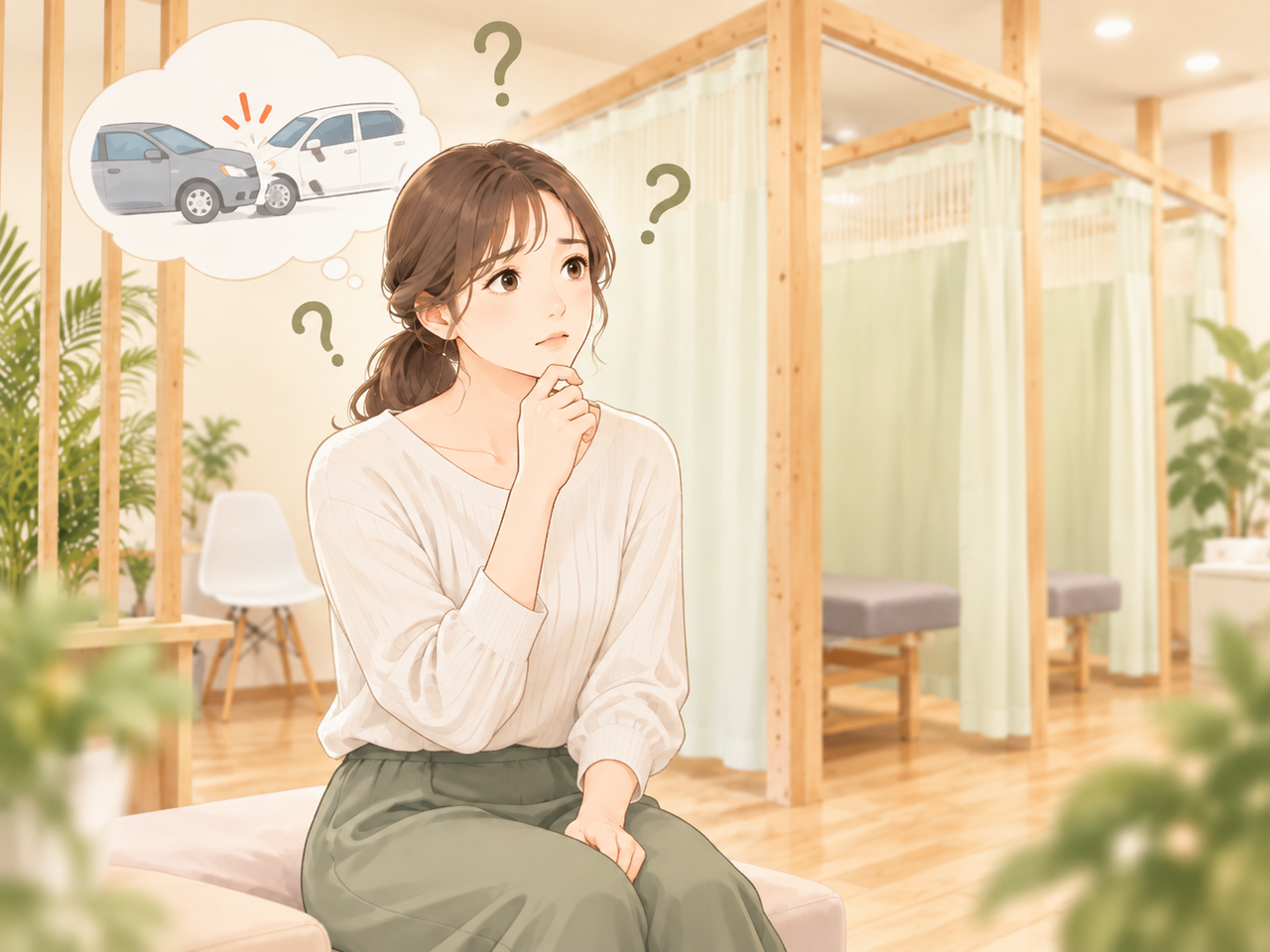 交通事故後の病院・整骨院への相談先に悩む女性のイラスト