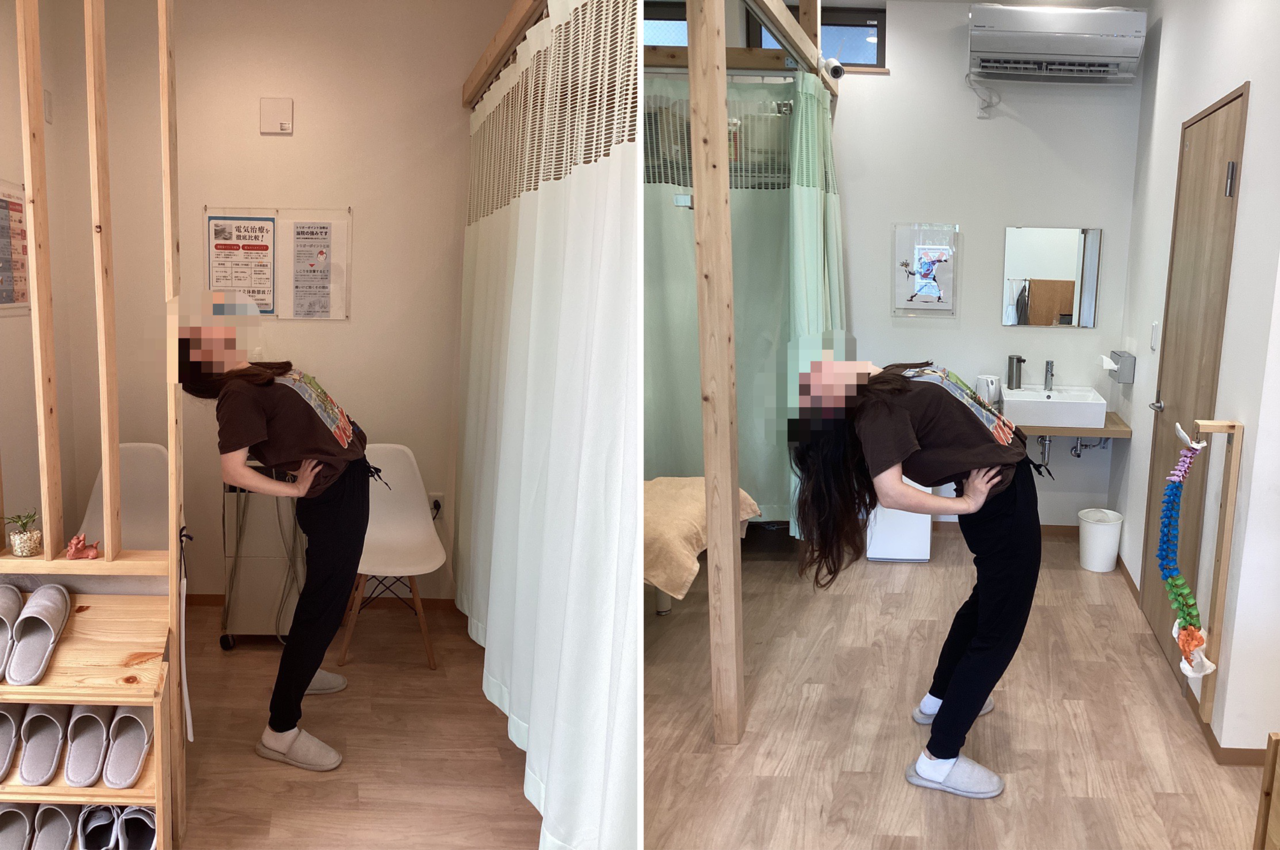 「深層筋リリースと骨盤矯正で姿勢改善した施術後のアフター姿勢　上福岡みつばち美容整骨院」